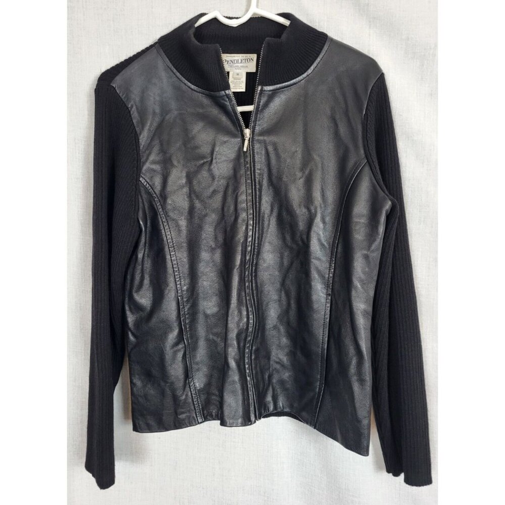 Pendleton Jacket Womens Petite M Blk Leather Wool… - image 1
